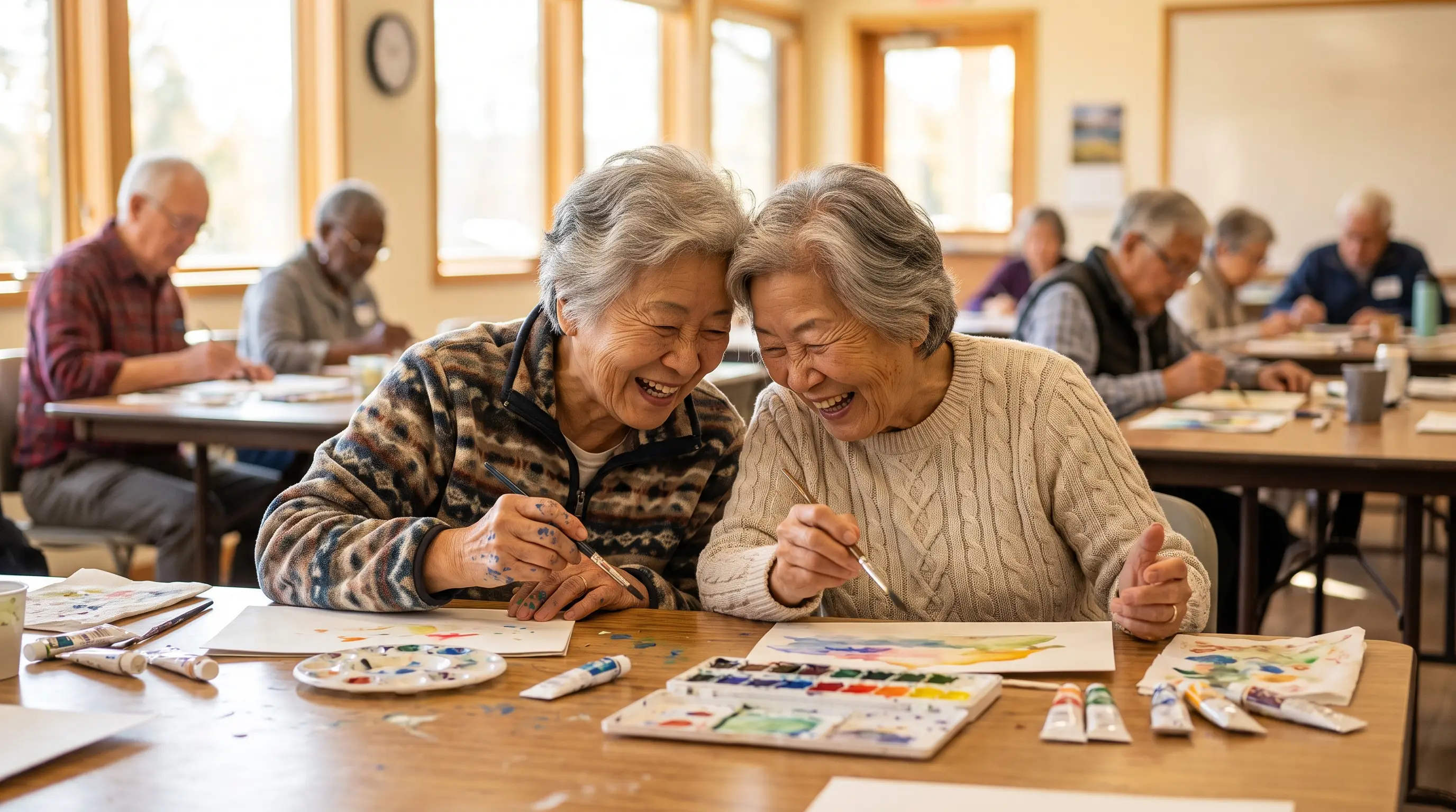 Two women in their late 70s laugh while painting with watercolors at an adult day center