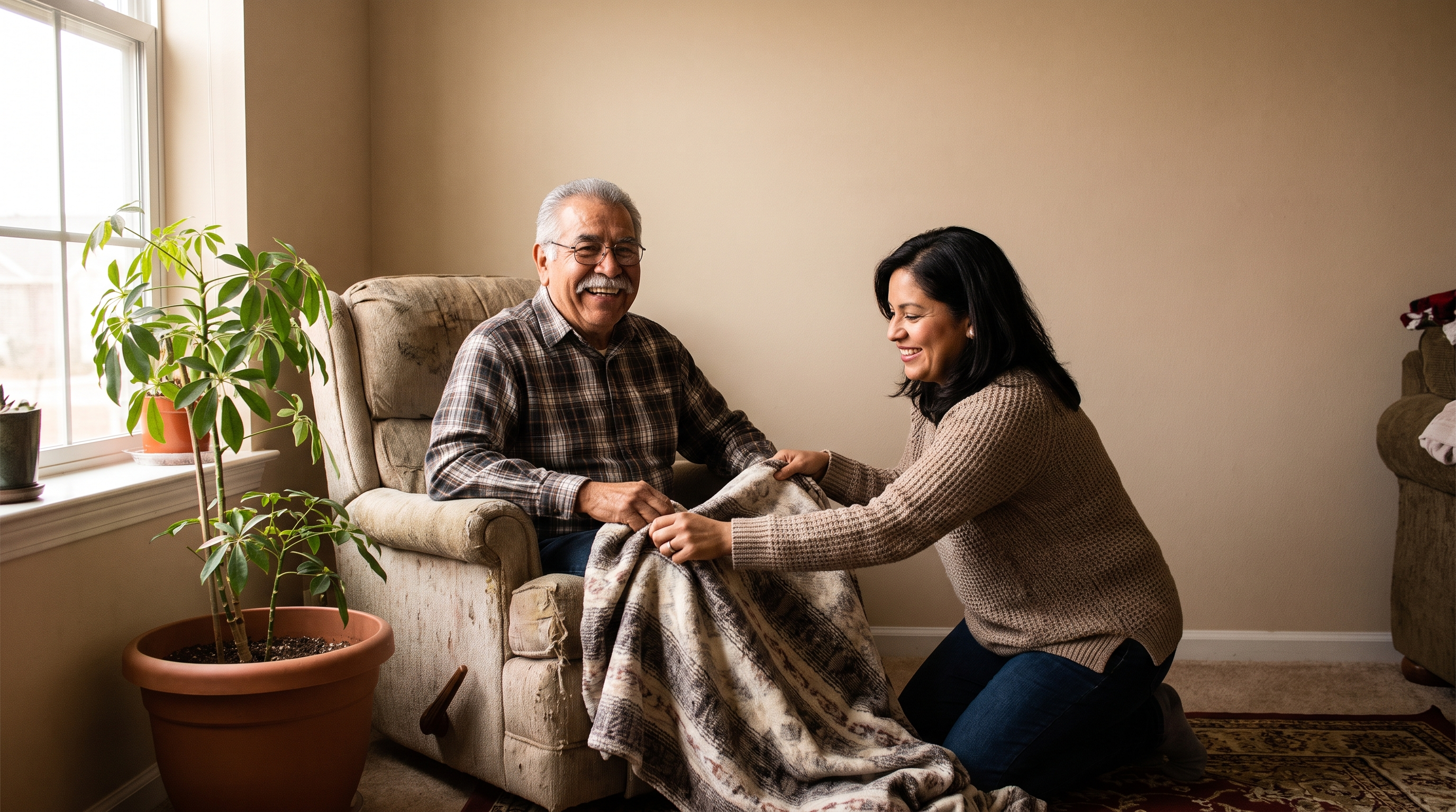 A man in his late 70s smiles in his armchair at home while his daughter kneels beside him and tucks a blanket over his knees