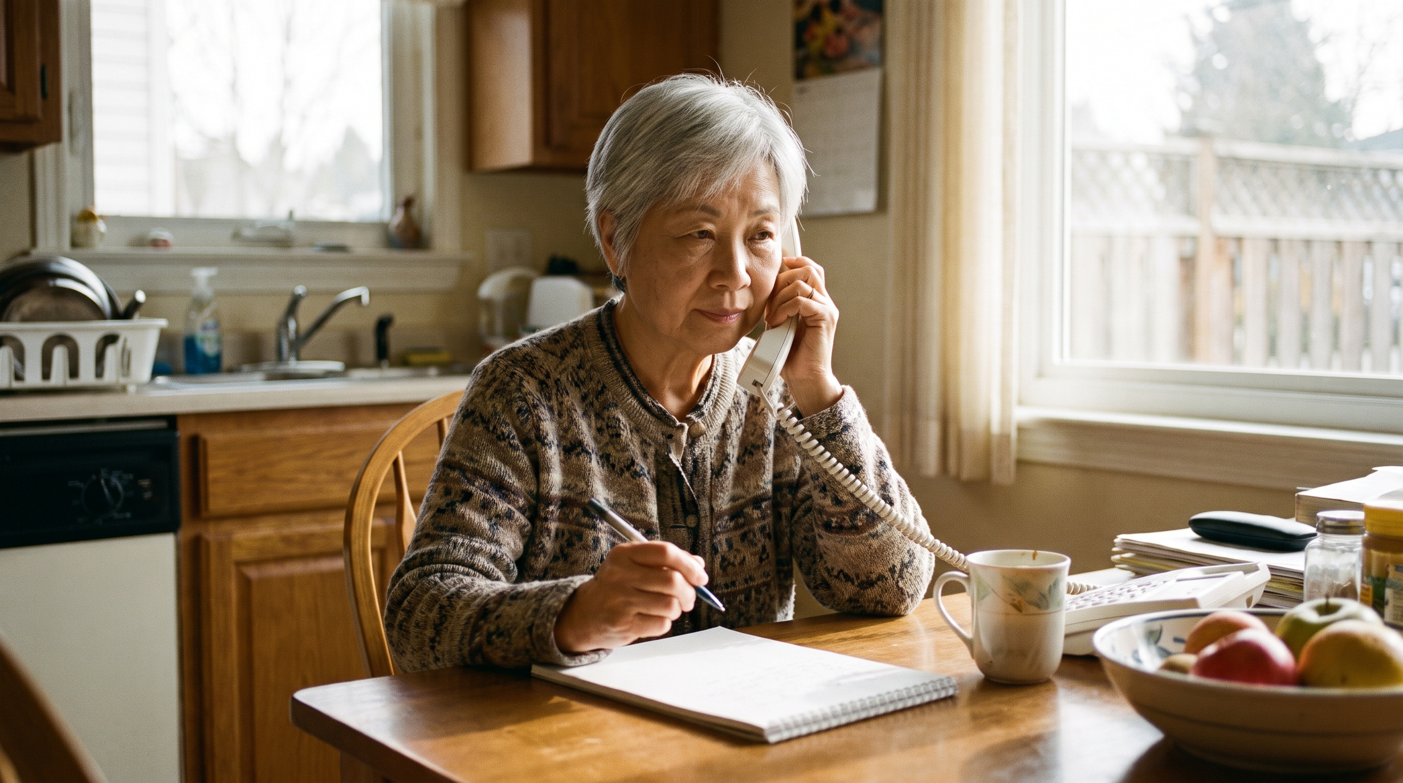 A woman in her 70s on the phone at her kitchen table, pen in hand over a notepad
