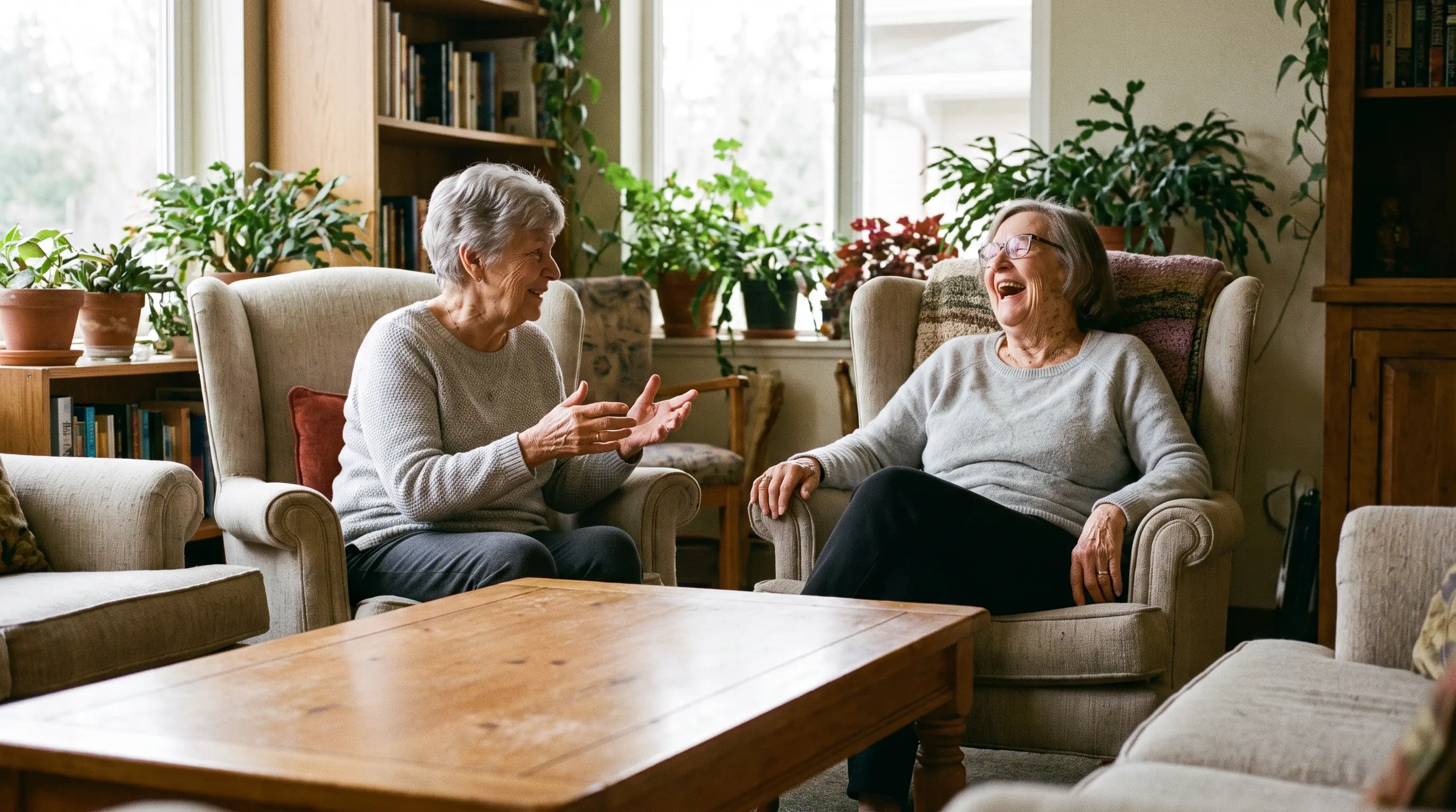 Two women in their 80s laugh together in a bright, homey common room
