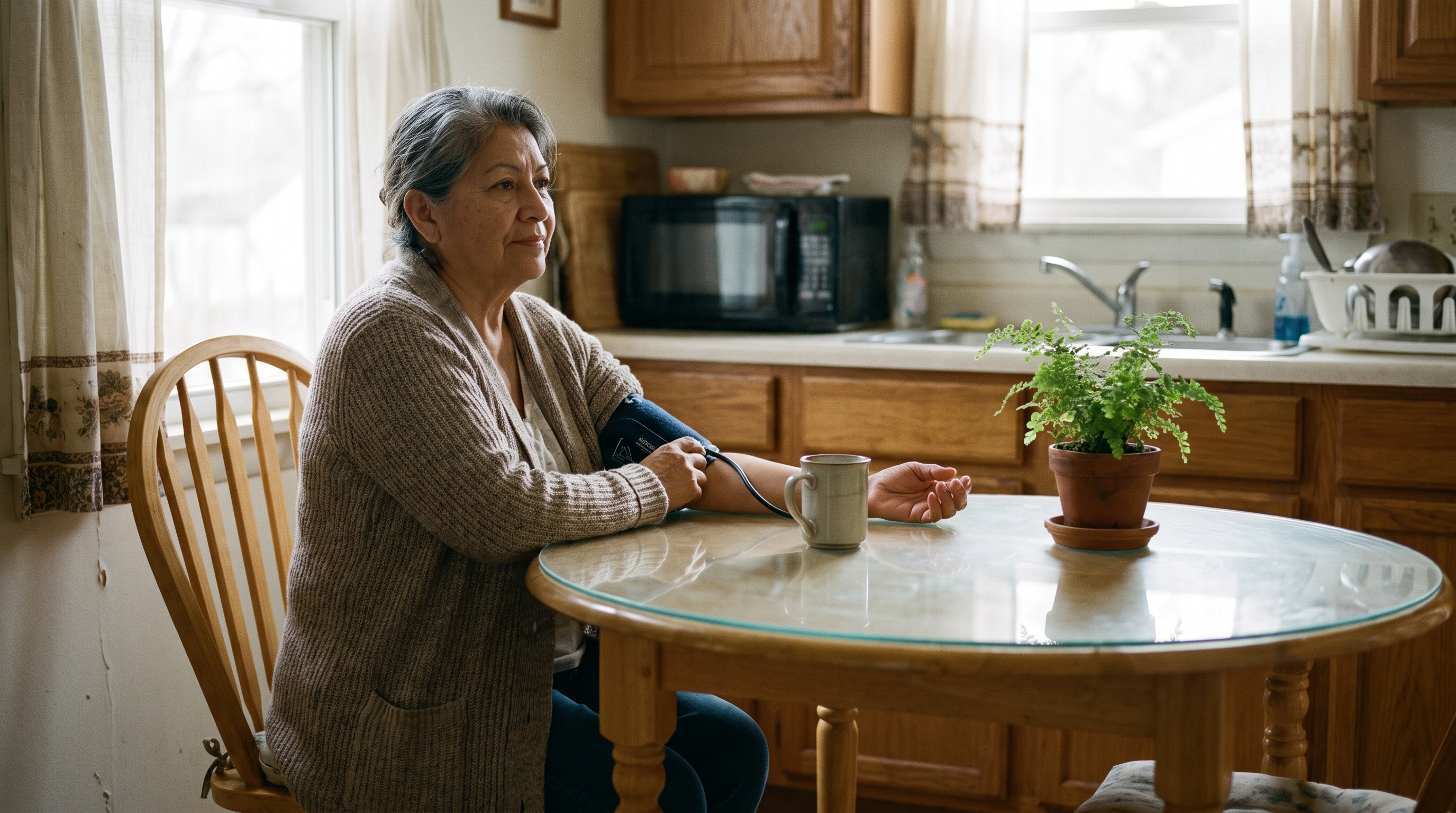 A woman in her late 60s checks her blood pressure at the kitchen table