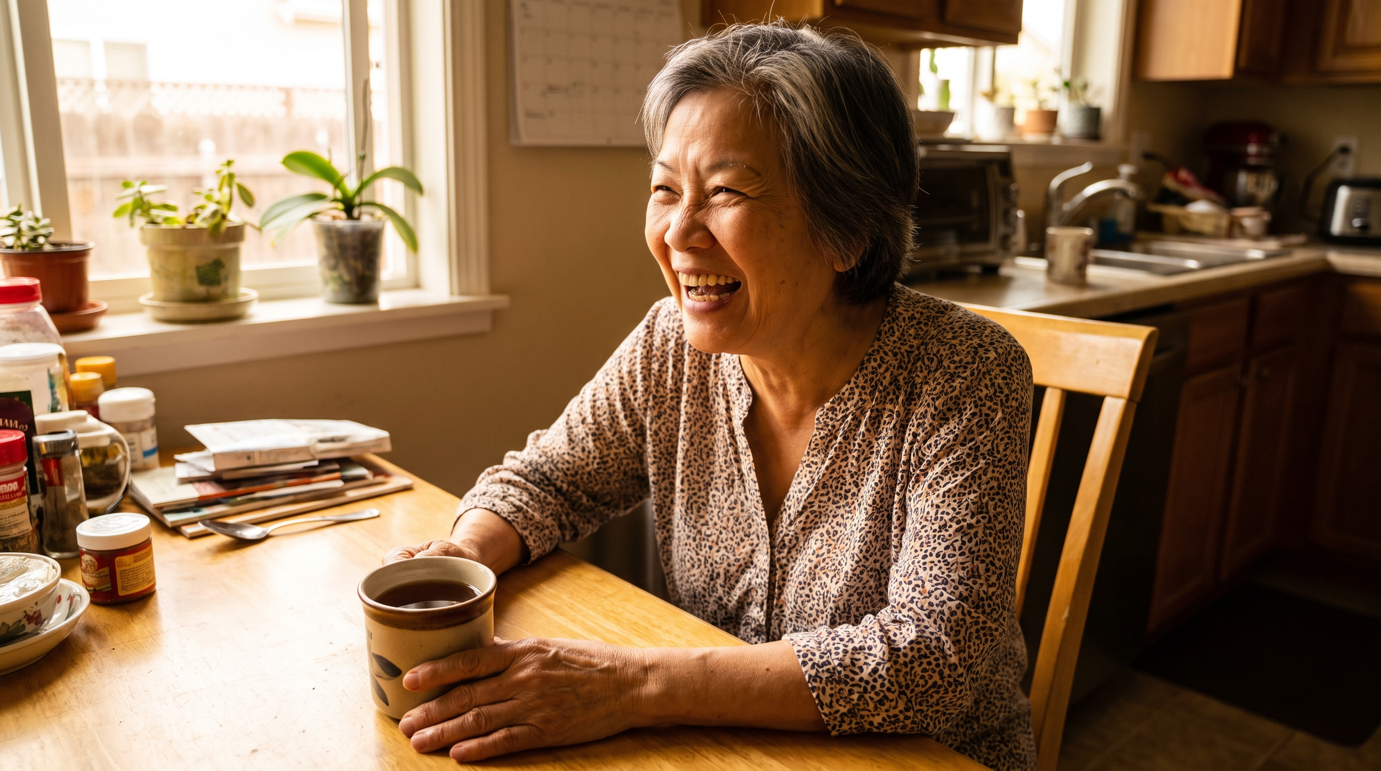 A woman in her 70s laughs with a wide smile at her kitchen table