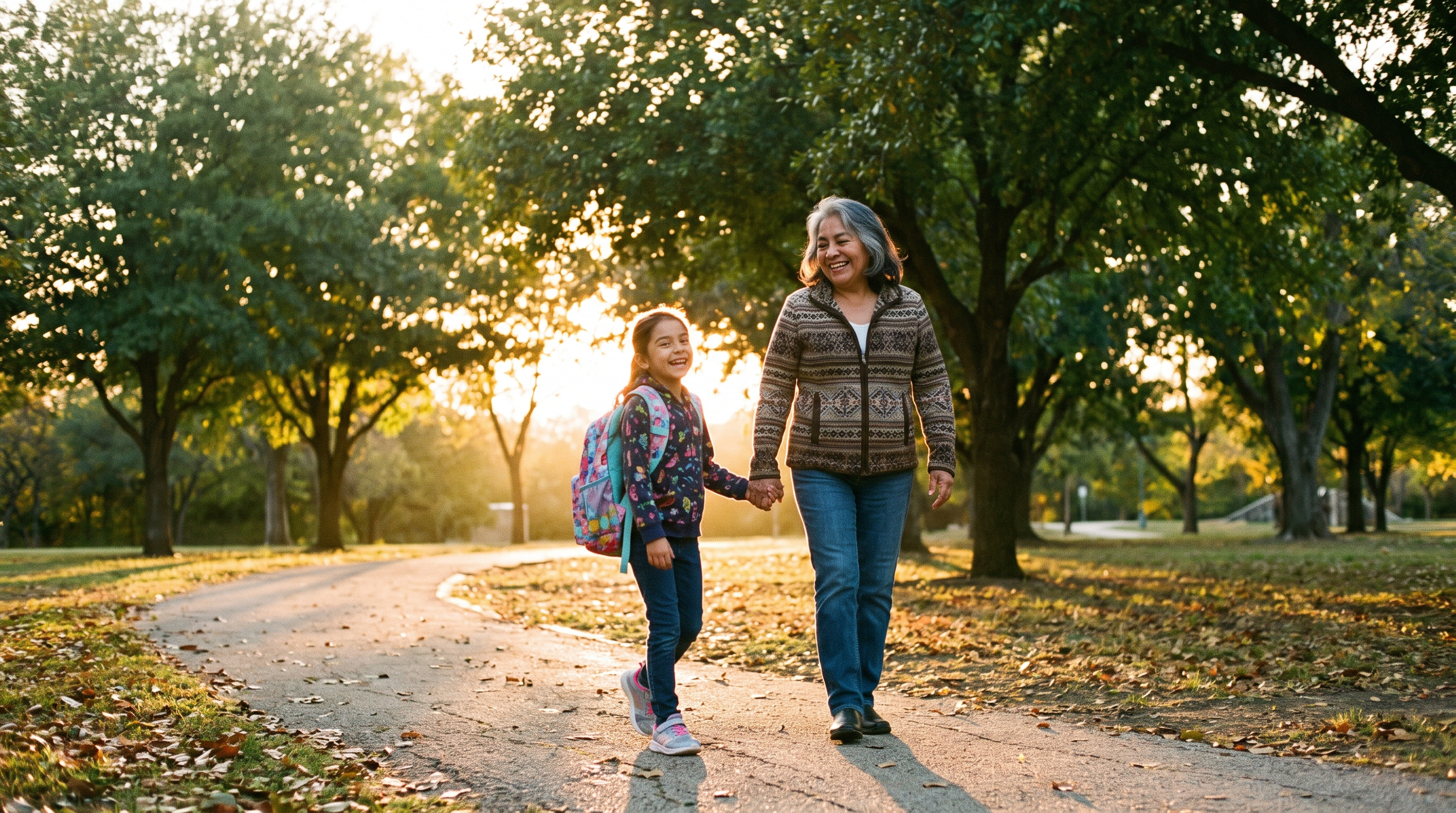 A woman in her early 70s holds hands with her granddaughter on a sunny park path