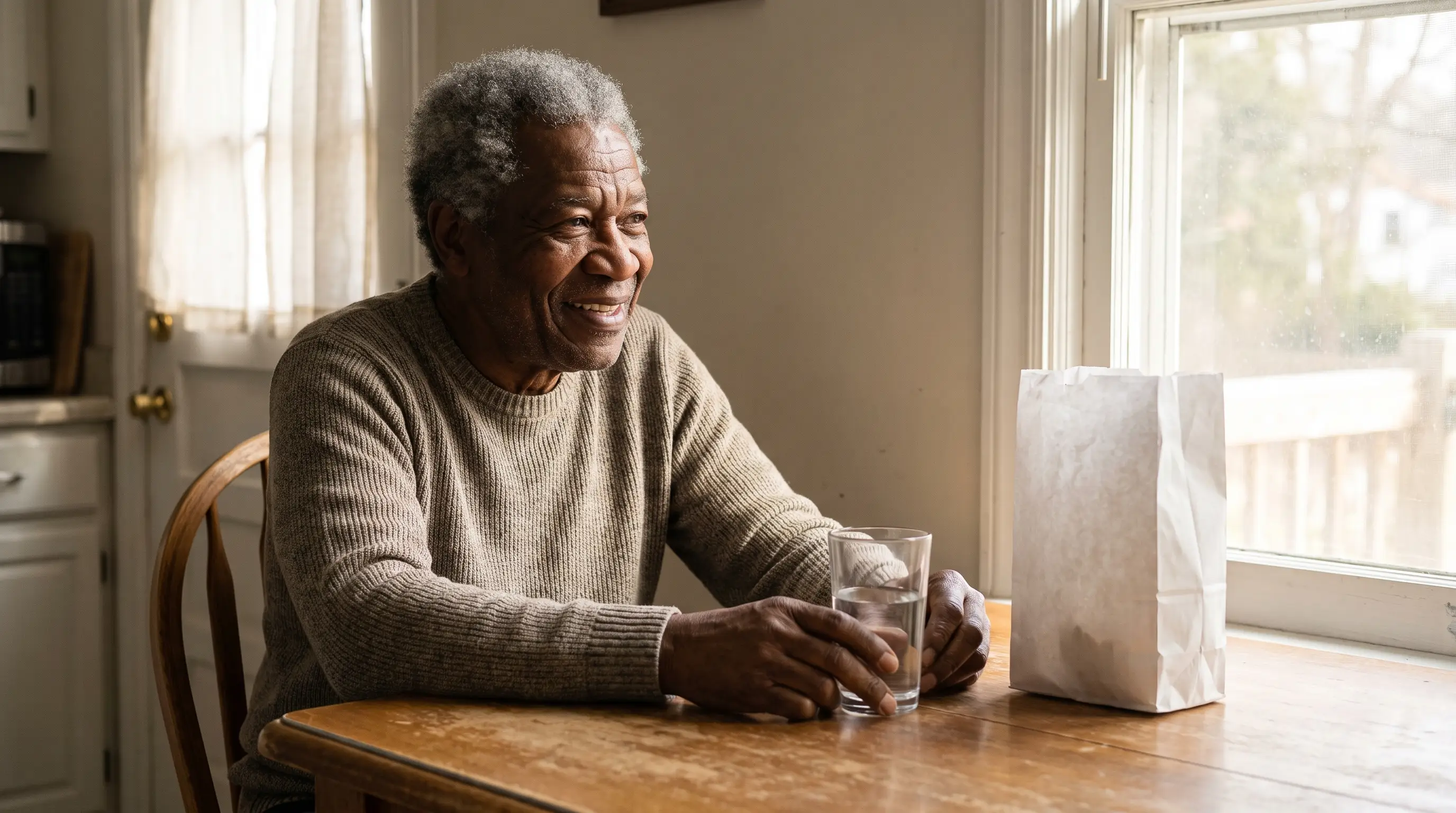 A man in his 70s smiles at his kitchen table beside a glass of water and a pharmacy bag