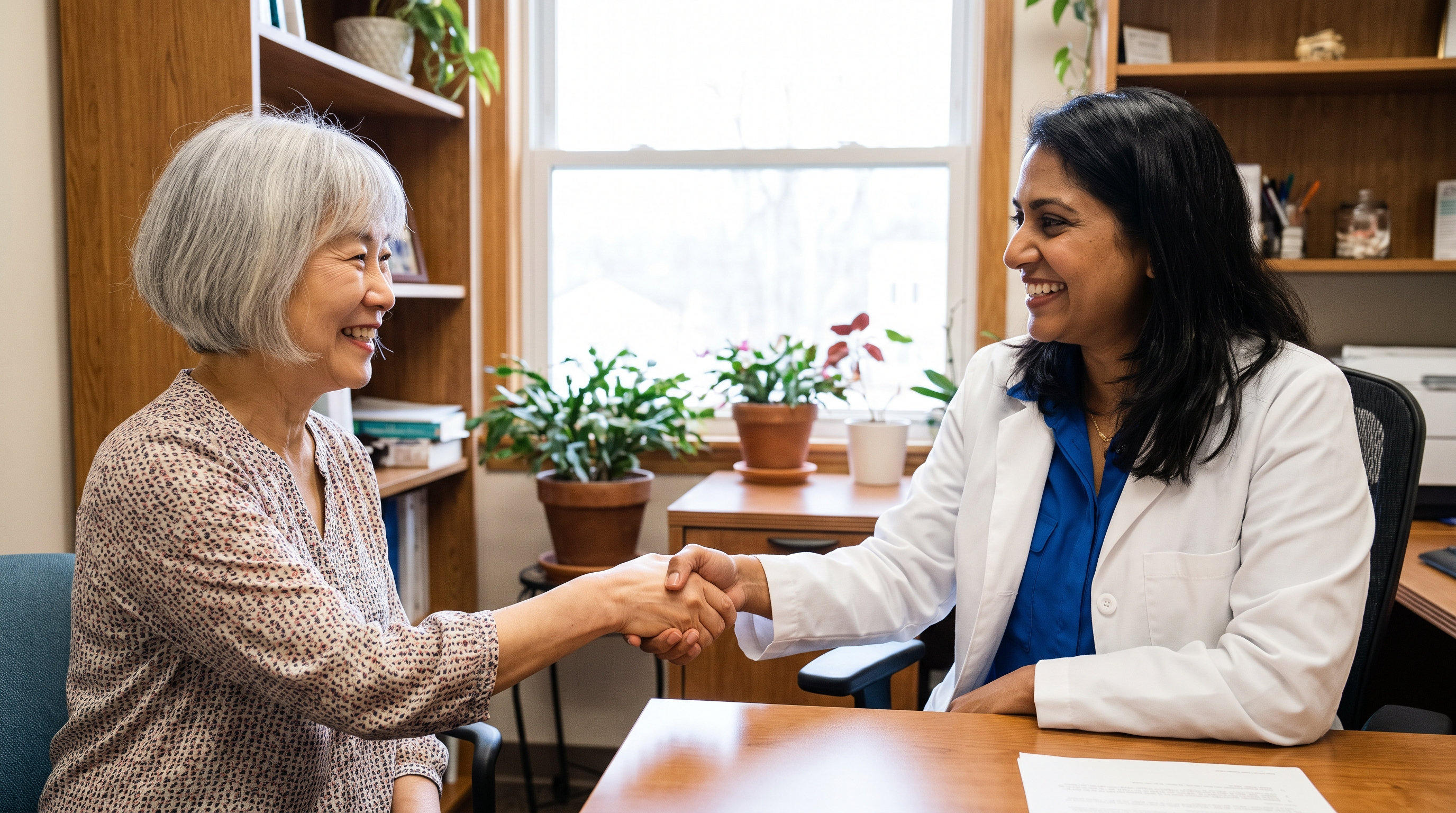 A woman in her late 60s shakes hands with her doctor