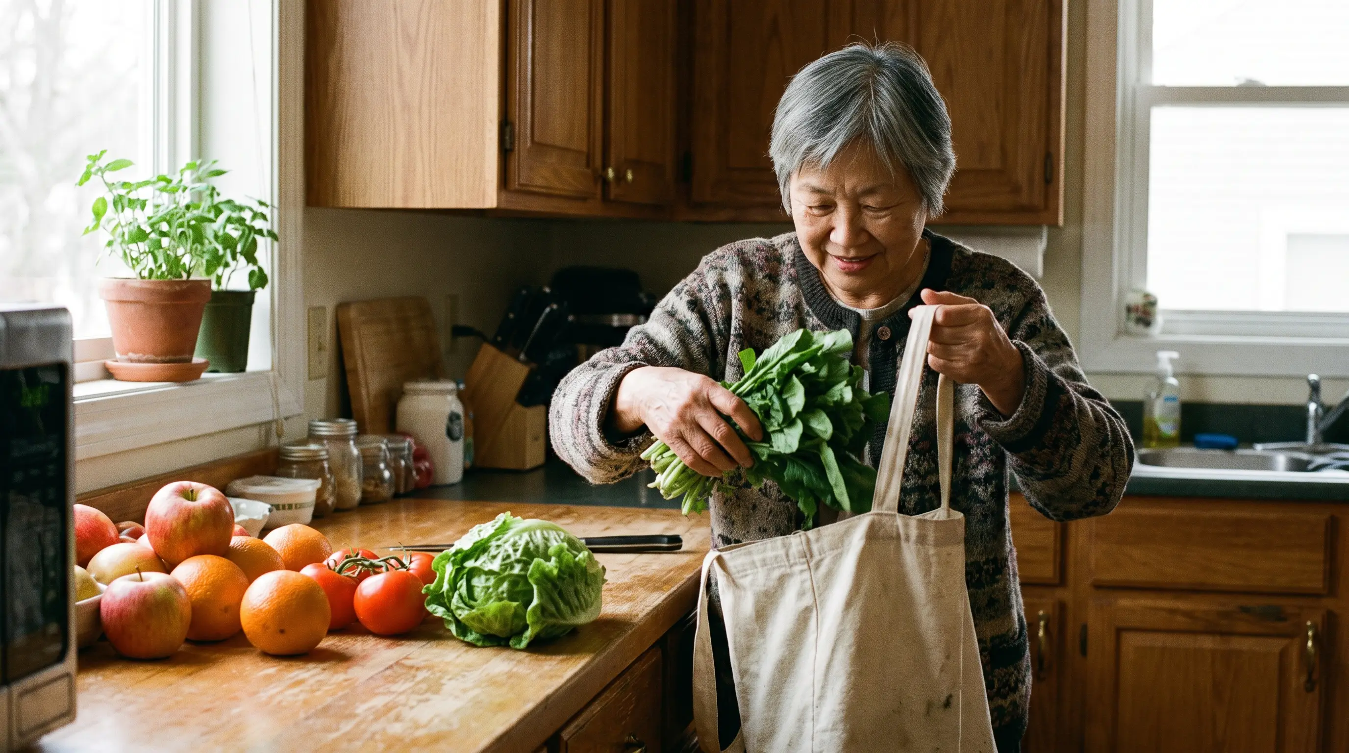 A woman in her 70s unpacks fresh vegetables in her kitchen