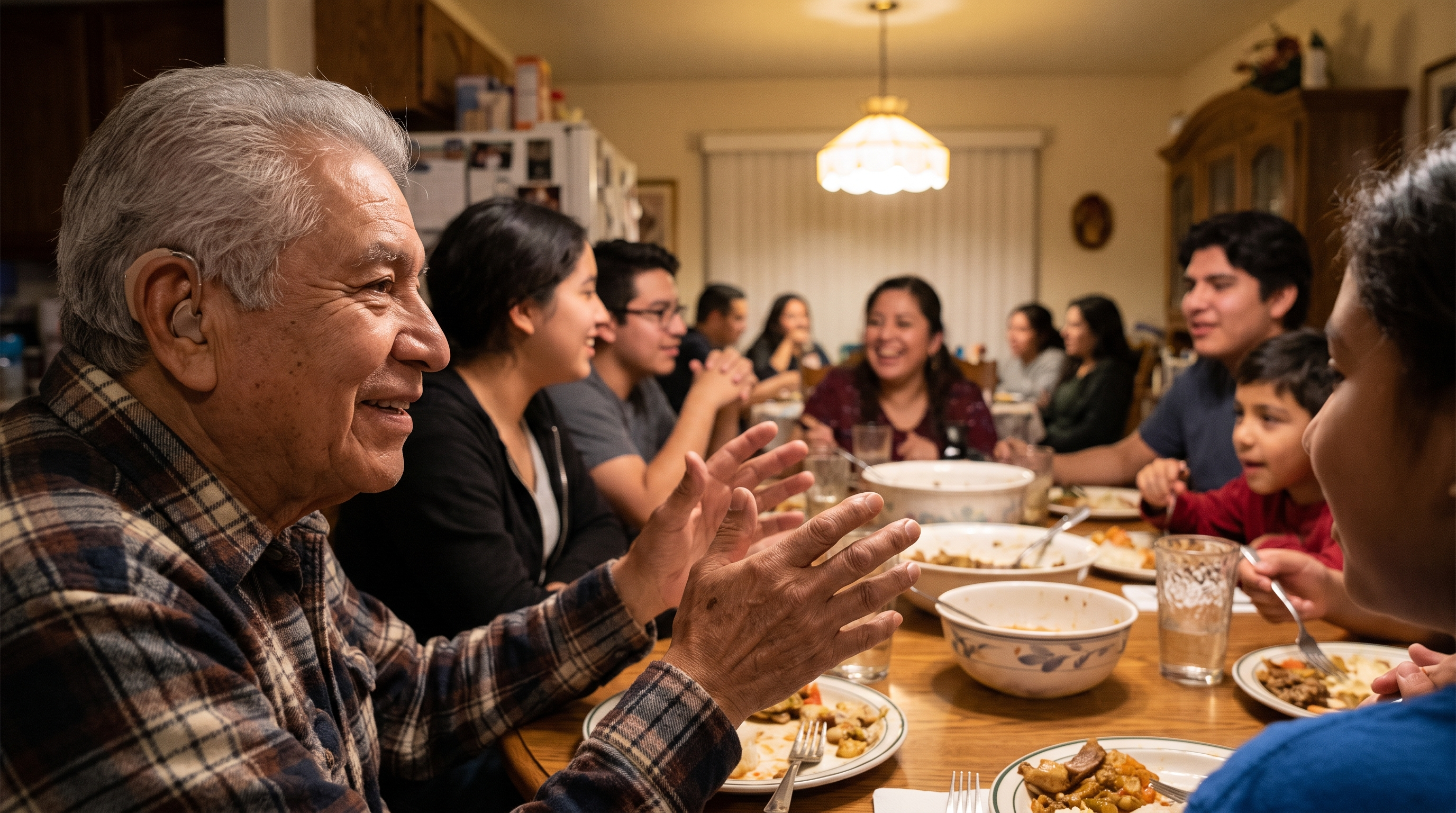 A man in his 70s with a hearing aid smiles at a family dinner