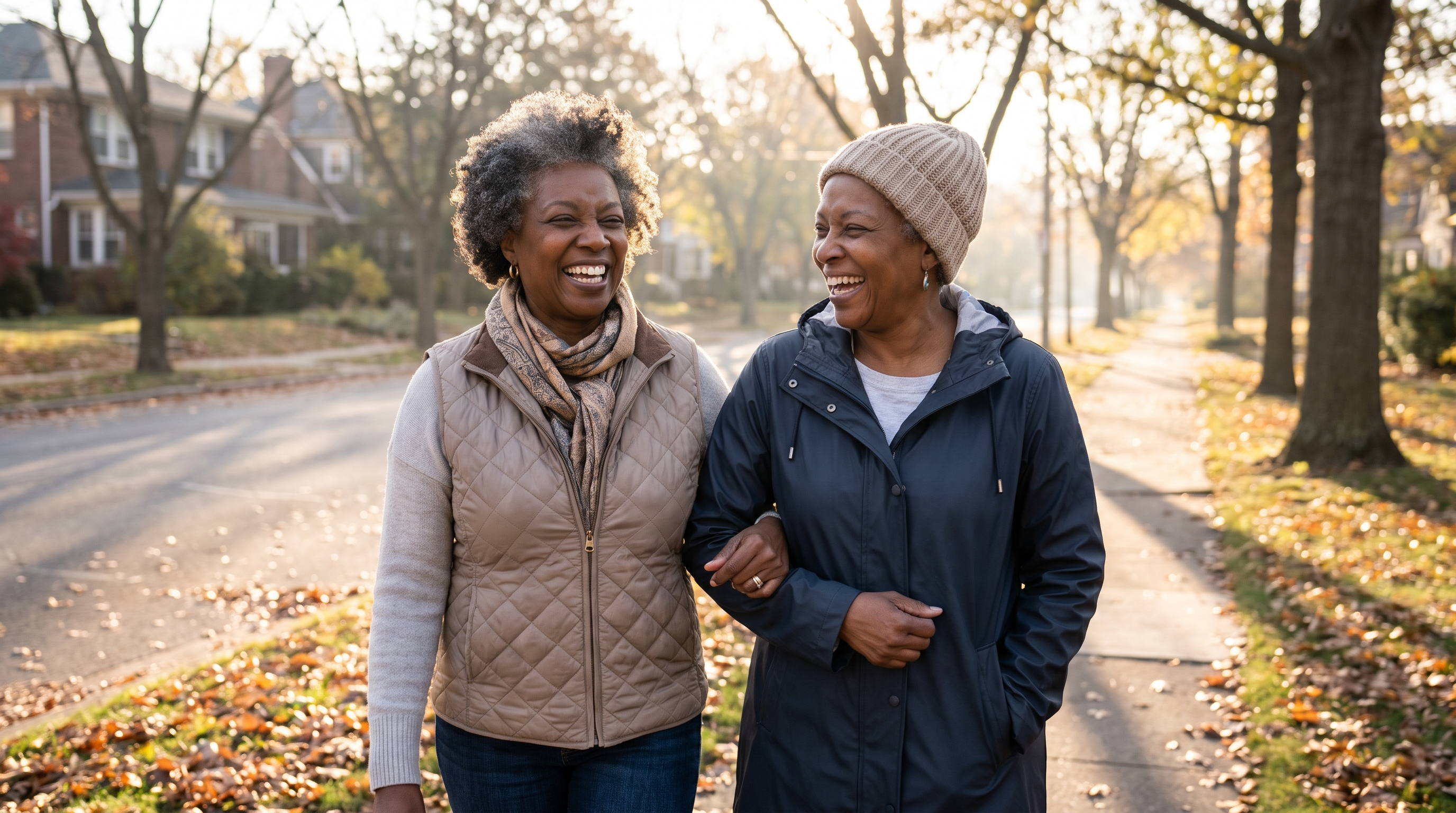 Two women in their 60s laugh as they walk arm in arm down a tree-lined street on an autumn morning
