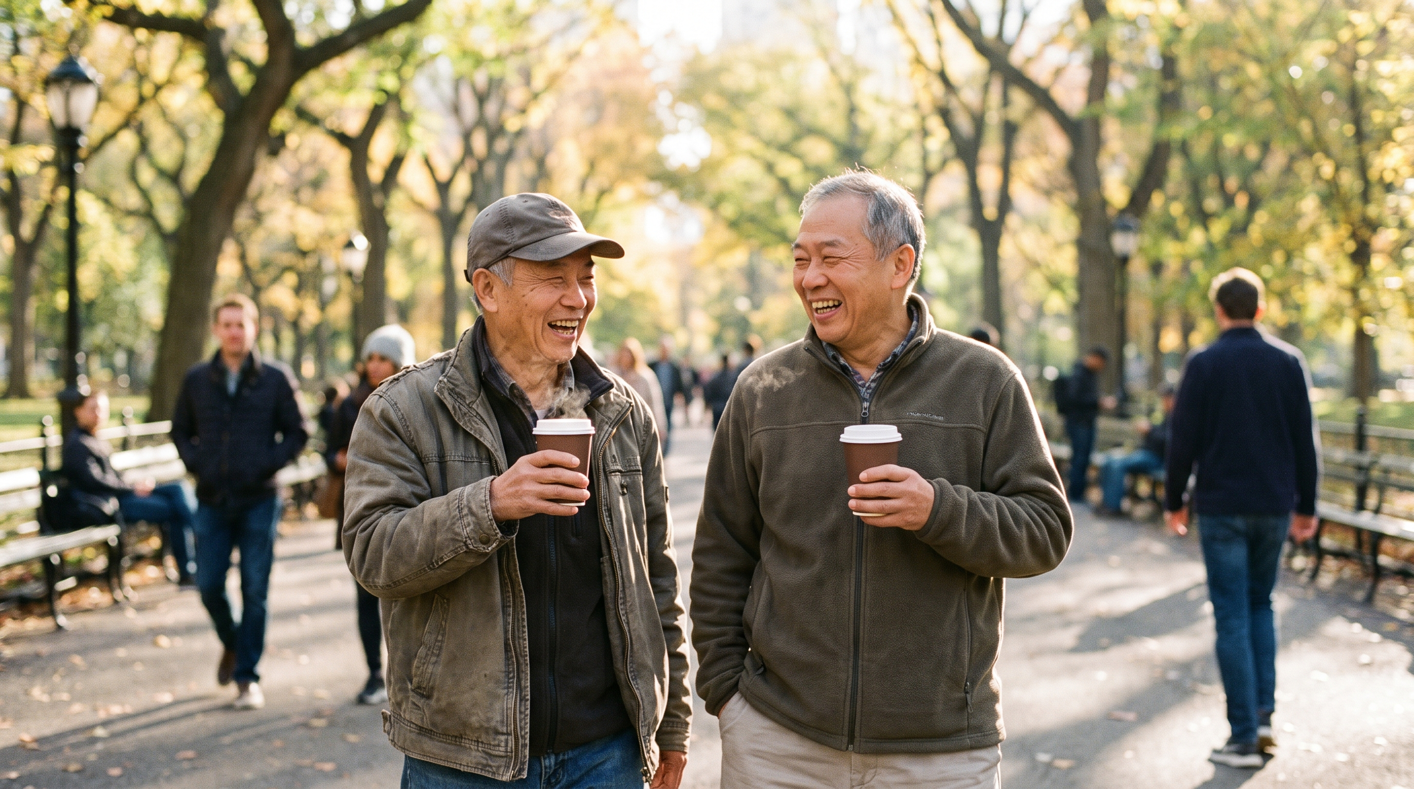 Two men in their late 60s laugh as they walk through a city park with cups of tea