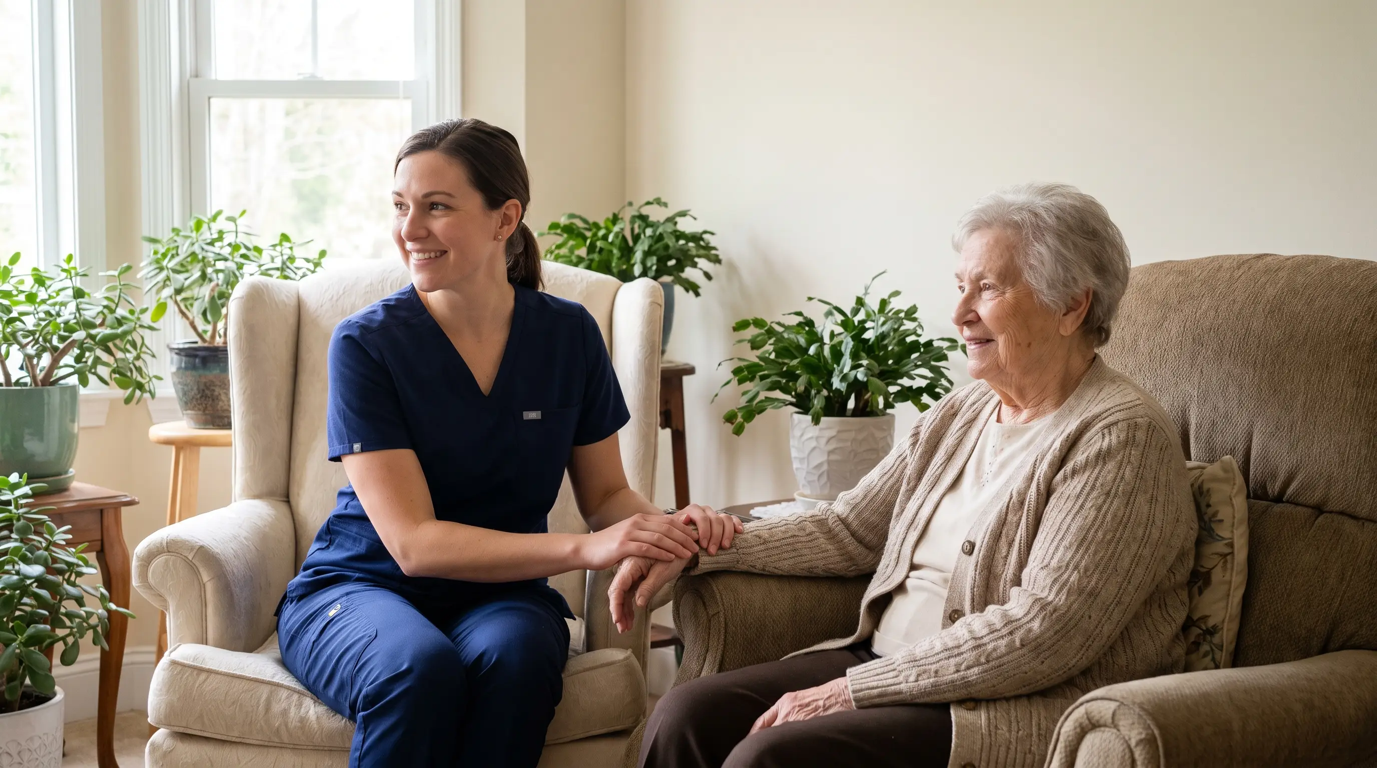 A home health nurse holds the hand of a woman in her 80s in her living room