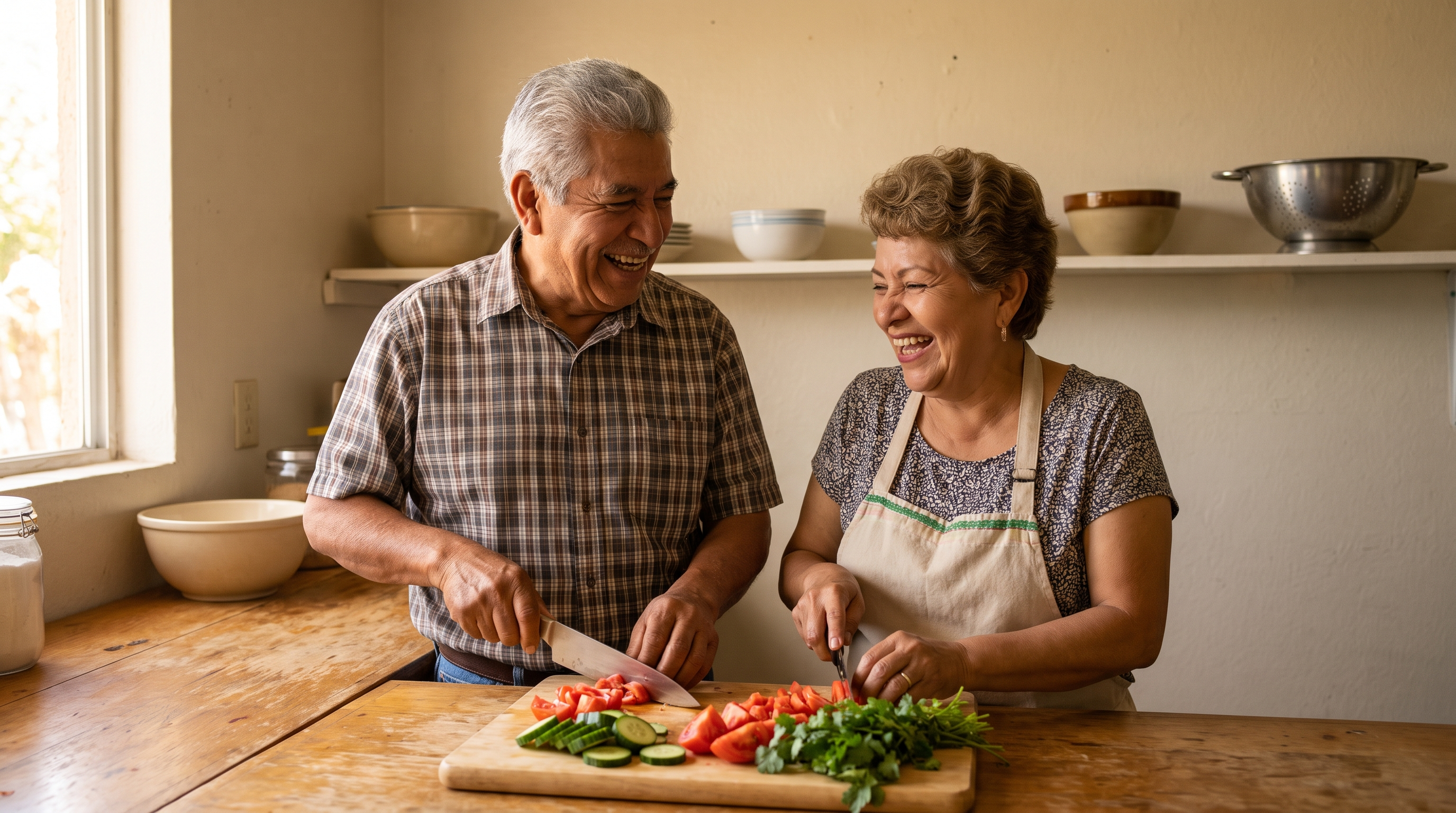 A man in his early 70s and his wife laugh as they chop vegetables for a salad at their kitchen counter