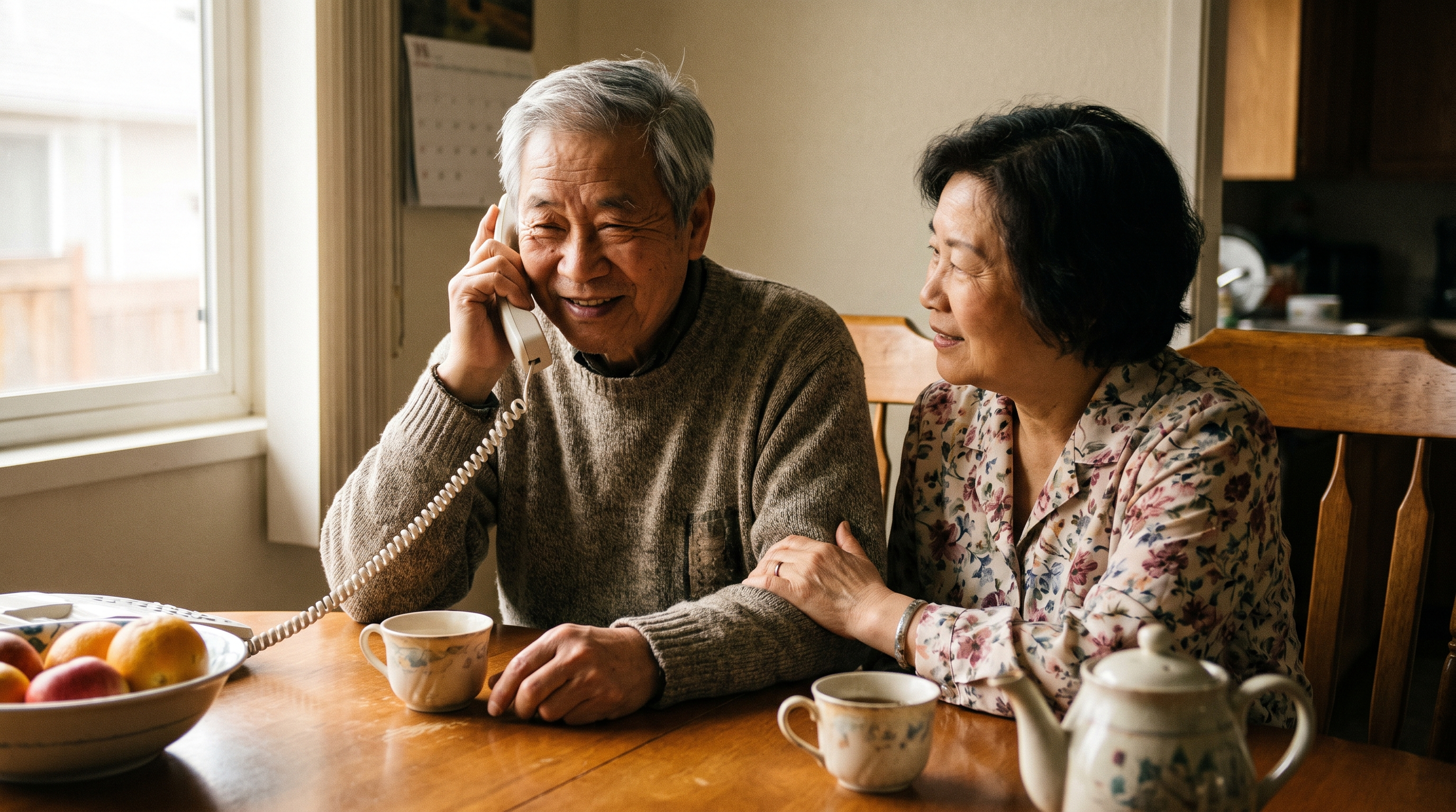 A man in his 70s smiles on the phone while his wife rests a hand on his arm