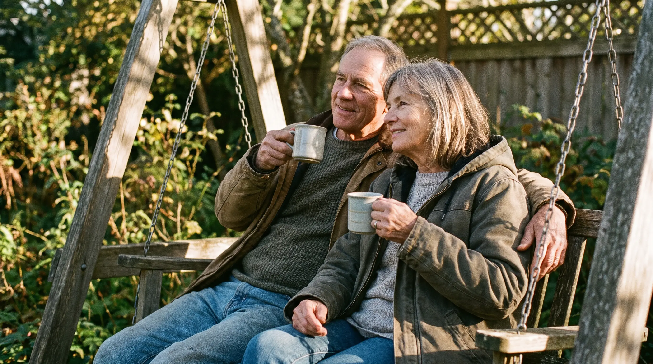 A couple in their late 60s relax on a porch swing with coffee