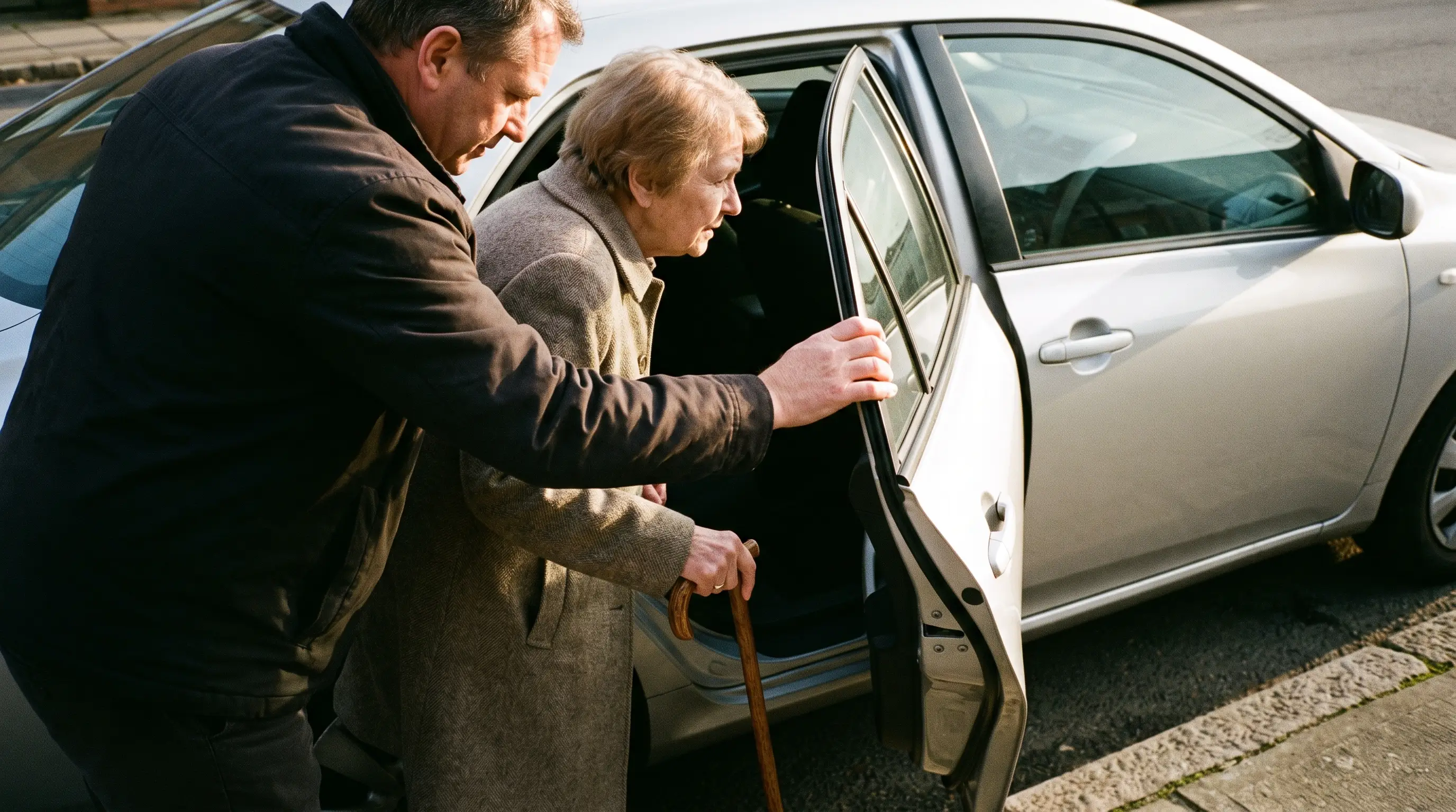 A driver helps a woman in her late 70s with a cane into a car
