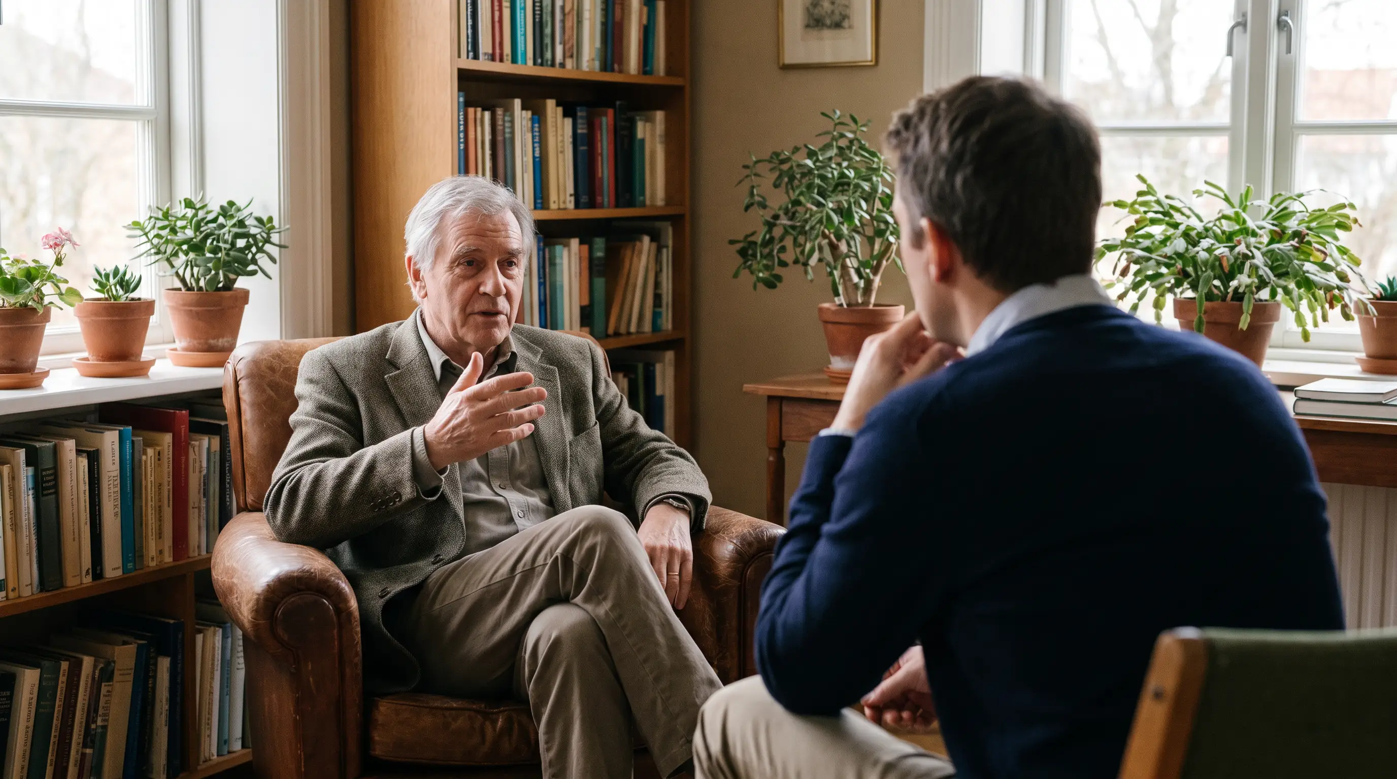 A man in his 70s talks with a counselor in a calm room with plants